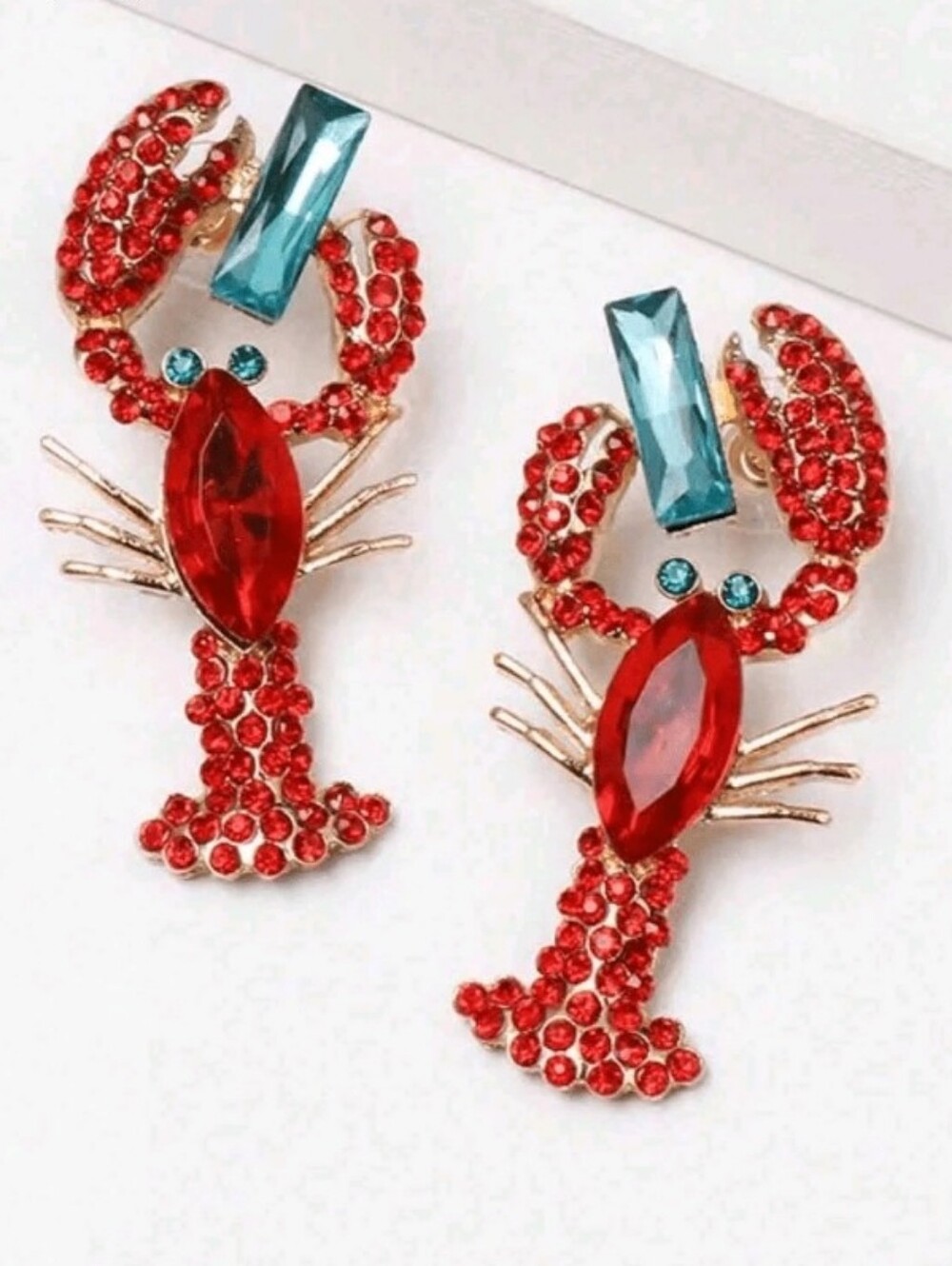 NEW! Gold Statement Red Lobster Crystal Drop Earrings with Blue Accent